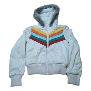 Jack BB Dakota White Rainbow Puffer Jacket Women's Sz M Removable Faux Fur Hood